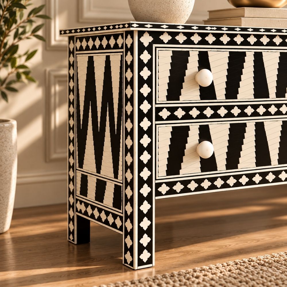 Rajvansh Black Bone Inlay 3 Drawer Chest of Drawers