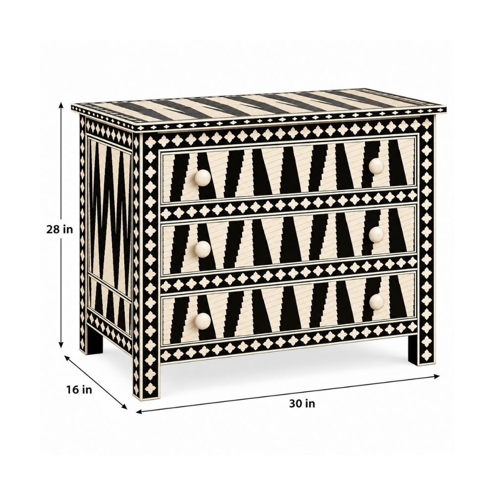 Rajvansh Black Bone Inlay 3 Drawer Chest of Drawers