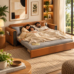 Upholstered Sofa Cum Bed with Storage – Modern Tan Brown / Cognac Convertible Sofa Bed