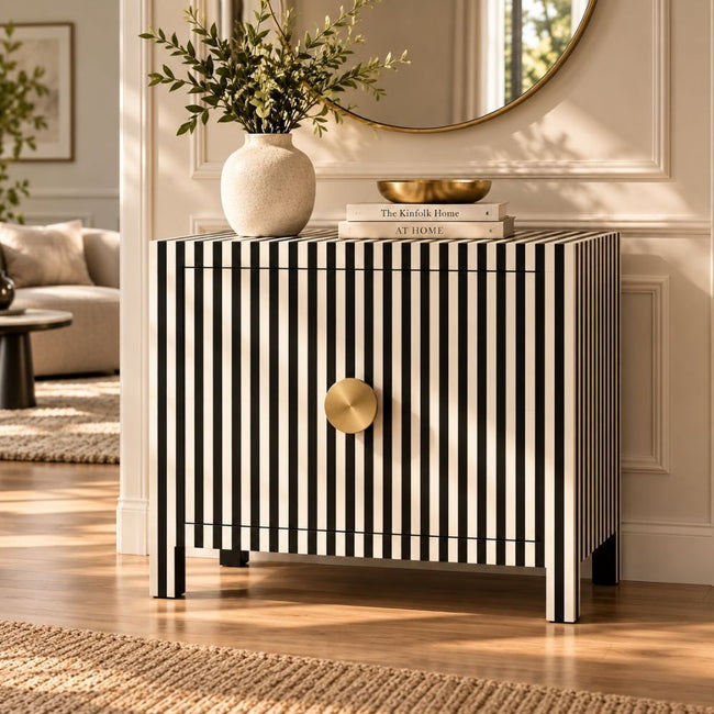 Mehfil Bone Inlay Black & White 2 Door Cabinet with Brass Handles Hover Image