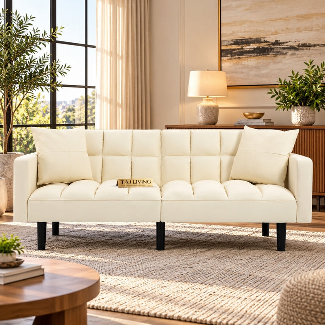 Upholstered Reclining Sofa Cum Bed – Modern Cream / Ivory Convertible Sofa Bed Hover Image