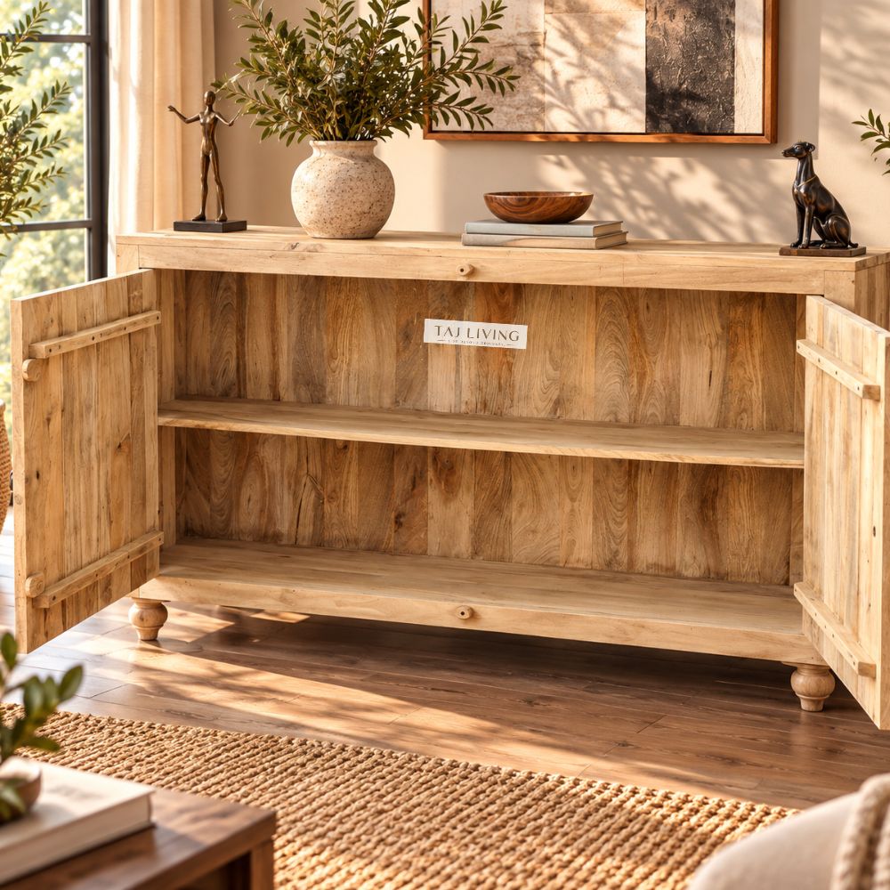 Handcrafted Solid Wood Sideboard Cabinet with Mandala Carved Doors