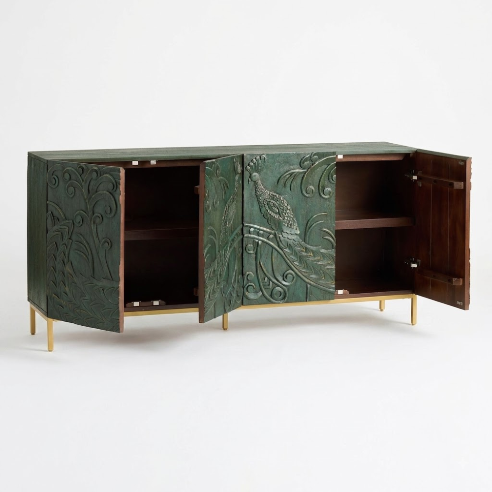 Vasudha Carved Wood Peacock 4 Door Storage Sideboard