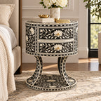 Zariya Black Bone Inlay Round Nightstand | Floral Boho Bedroom Furniture End Table