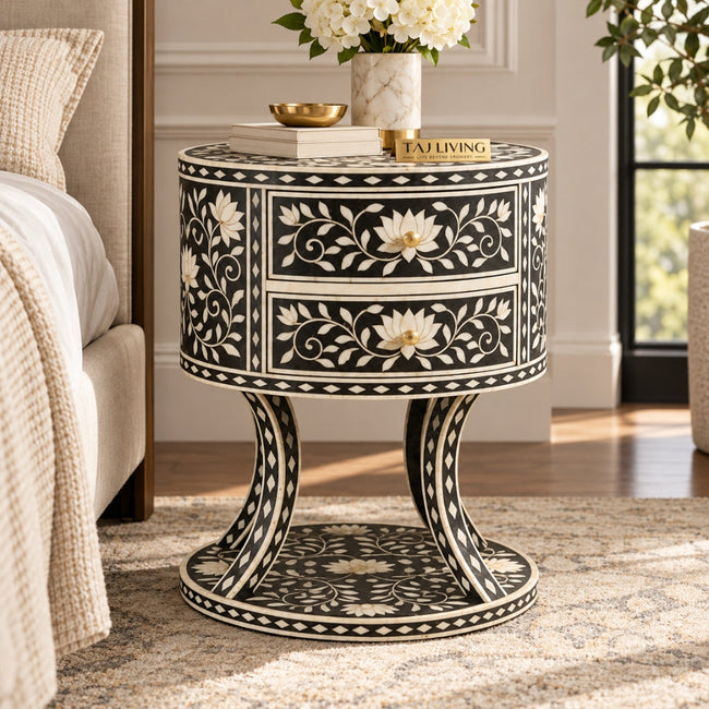 Zariya Black Bone Inlay Round Nightstand | Floral Boho Bedroom Furniture End Table Hover Image