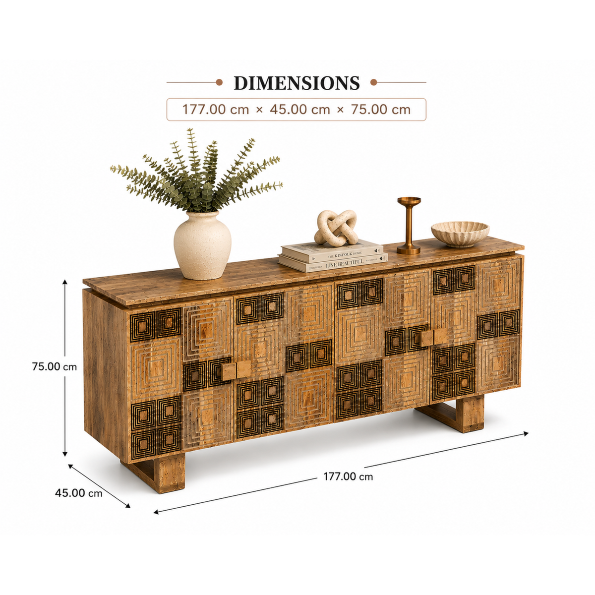 Rangmahal Geometric Wooden Block-Pattern Sideboard