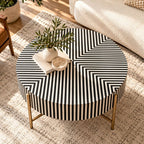 Black Bone Inlay Coffee Table with Optical Pattern & Gold Powder-Coated Stand