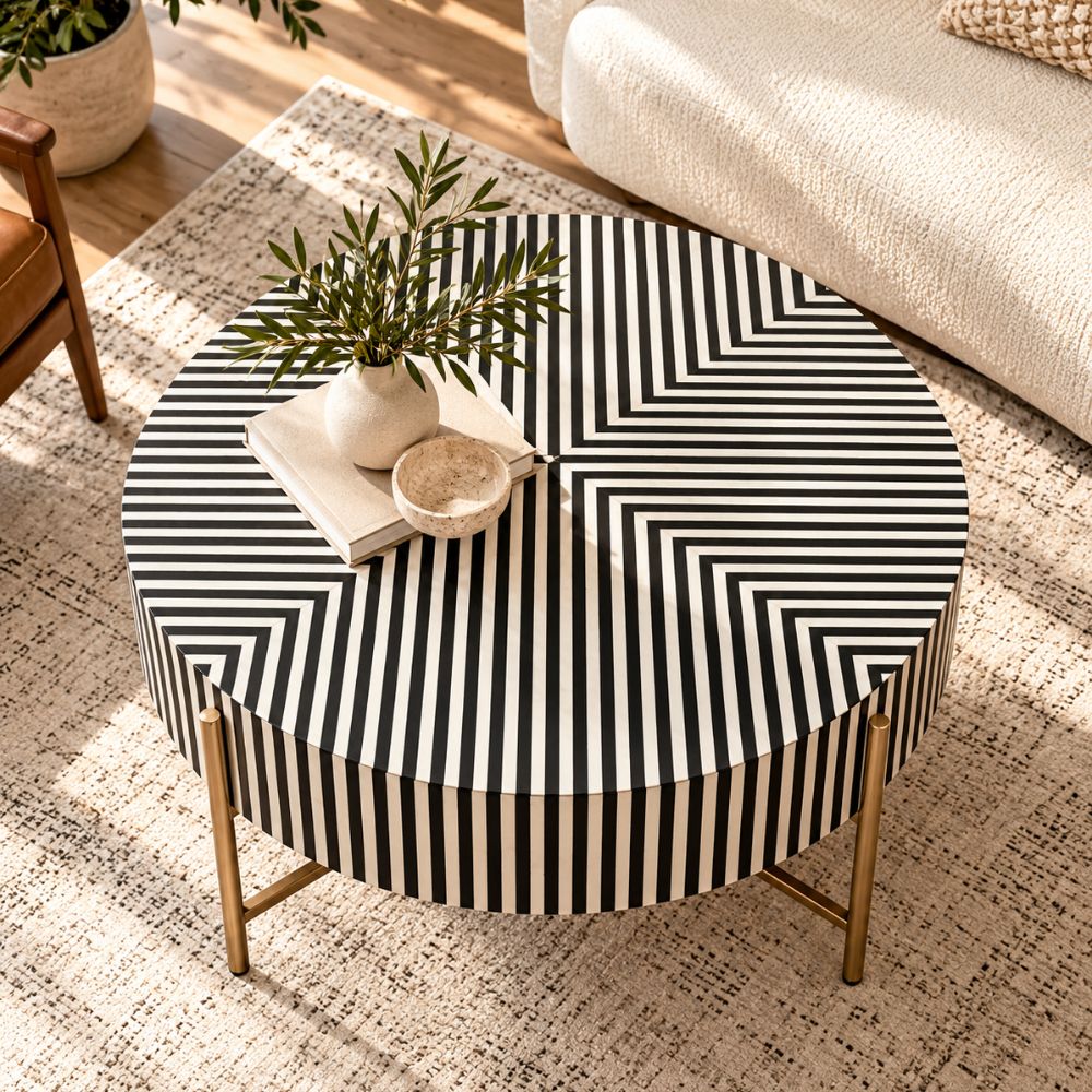 Black Bone Inlay Coffee Table with Optical Pattern & Gold Powder-Coated Stand
