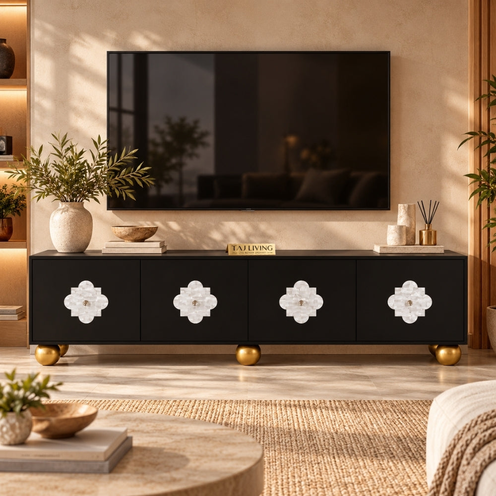 Mother of Pearl Inlay Black 4-Door TV Unit Media Cabinet