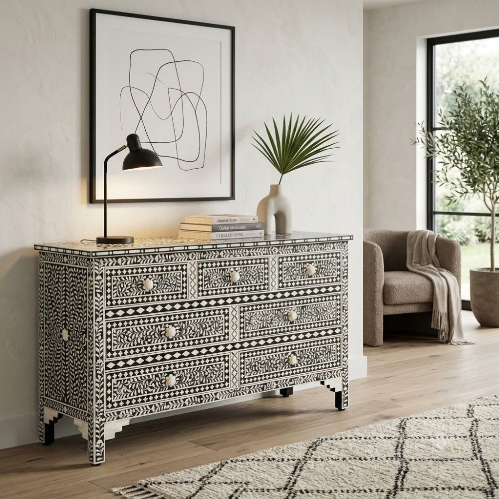 Maharaja Bone Inlay 7 Drawer Chest of Drawers - Black Floral