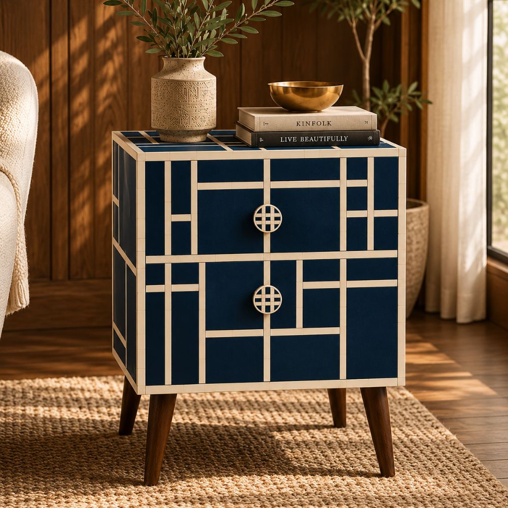 Mid Century Modern Nightstand | Navy Bone Inlay Bedside Table