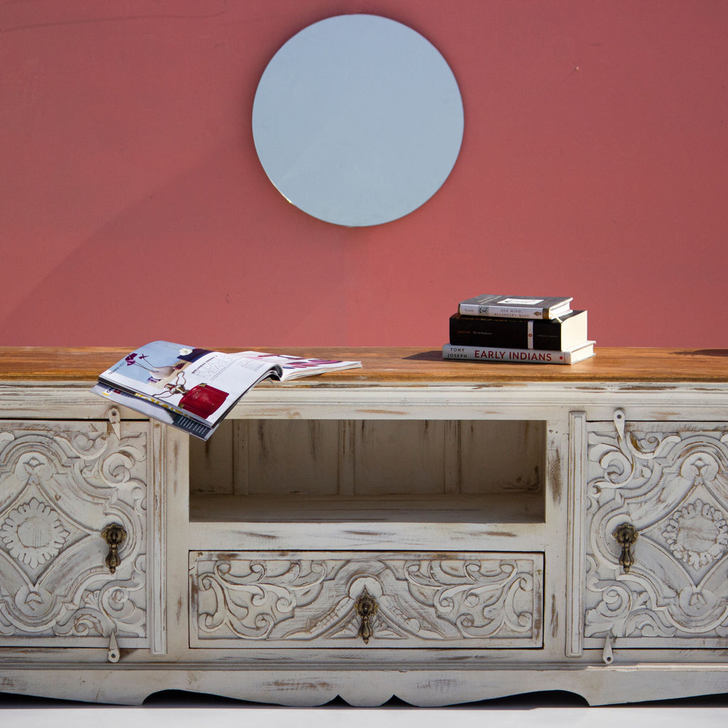 Riwaayat Carved Wood TV Console with Shelves Mandala Pattern