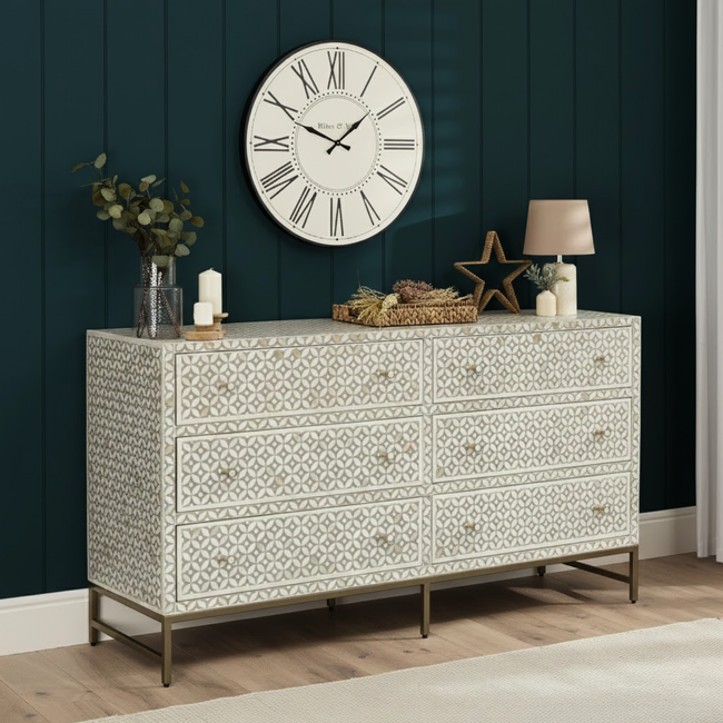 Raj Mahal Bone Inlay Chest of 6 Drawers Geometric Pattern Gold-Toned Metal Legs Hover Image