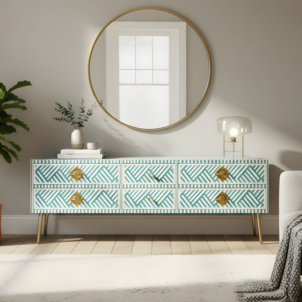 Handmade Bone inlay Media Console Table with Brass Knobs