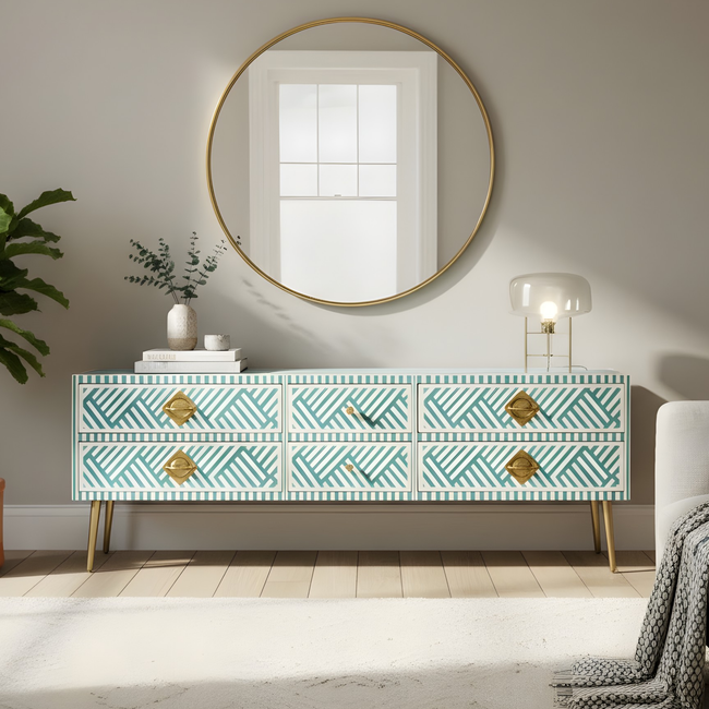 Handmade Bone inlay Media Console Table with Brass Knobs Hover Image