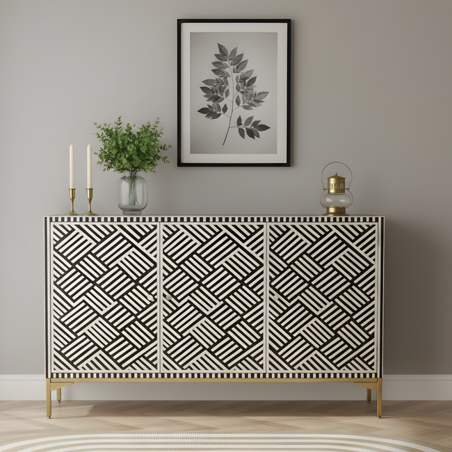 Parampara Bone Inlay Black & White 3 Door Storage Sideboard with Gold-toned legs Hover Image