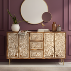 Bone Inlay Floral 3 Drawer and 2 Doors Sideboard with Brass Knobs