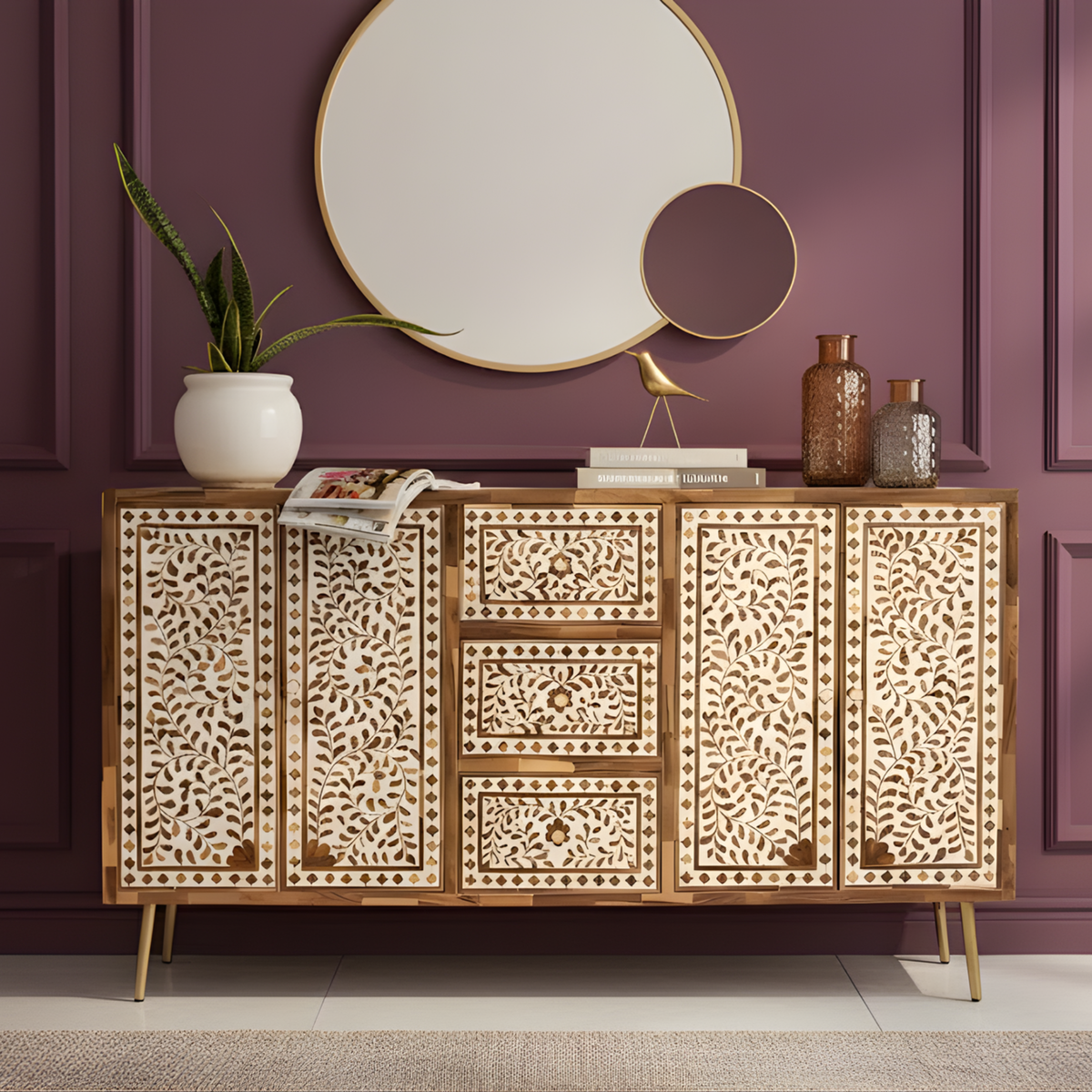 Bone Inlay Floral 3 Drawer and 2 Doors Sideboard with Brass Knobs