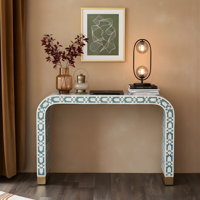 Mandapa Handmade Bone Inlay Console Table - Geometric Pattern Hover Image
