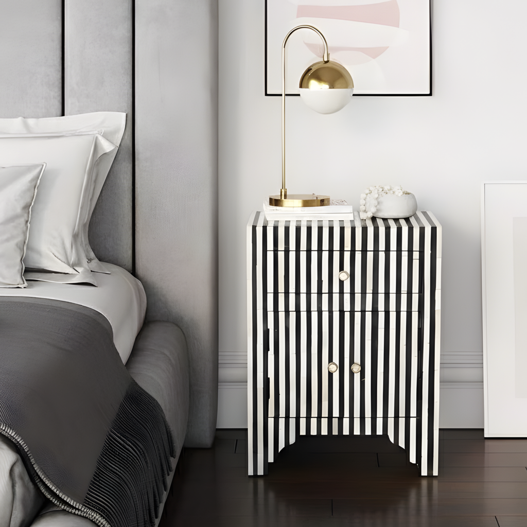 Keshari Black And White Striped Pattern Bone Inlay 2 Drawers Bedside Table