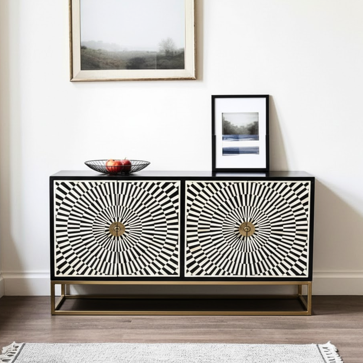 Dharohar Black and White Bone inlay Sideboard with Hinged Storage Doors