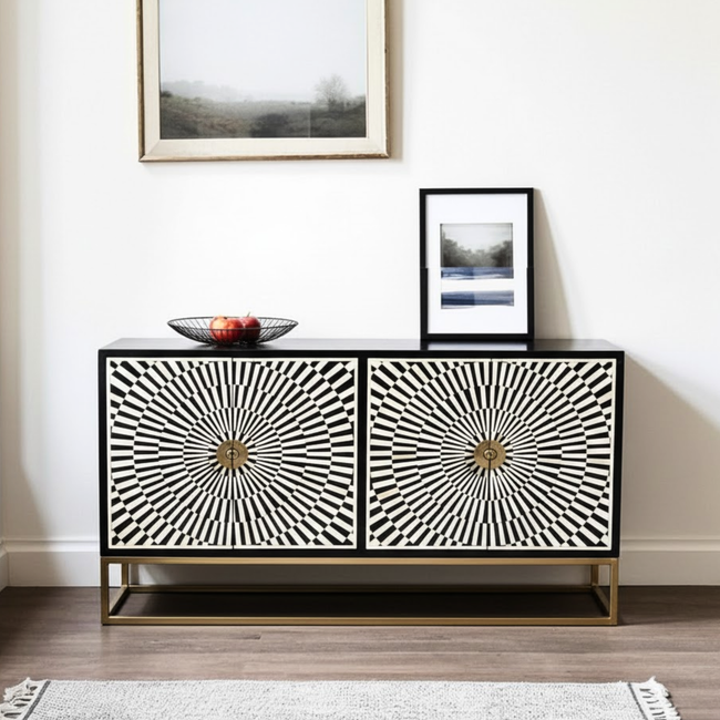 Dharohar Black and White Bone inlay Sideboard with Hinged Storage Doors Hover Image