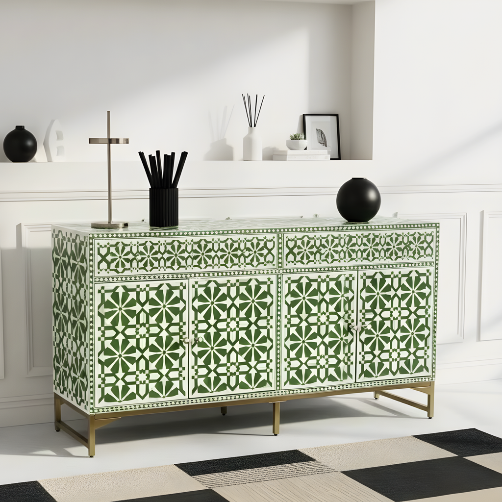 Rajdarbar Bone Inlay Floral Storage Sideboard with 3 Smooth-Glide Drawers