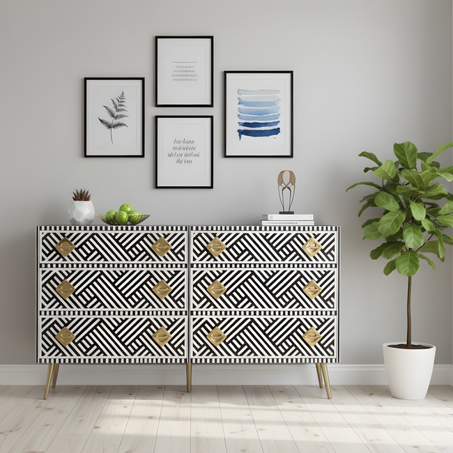 Optical Bone Inlay Chest of 9 Drawers with Metal Handles Hover Image