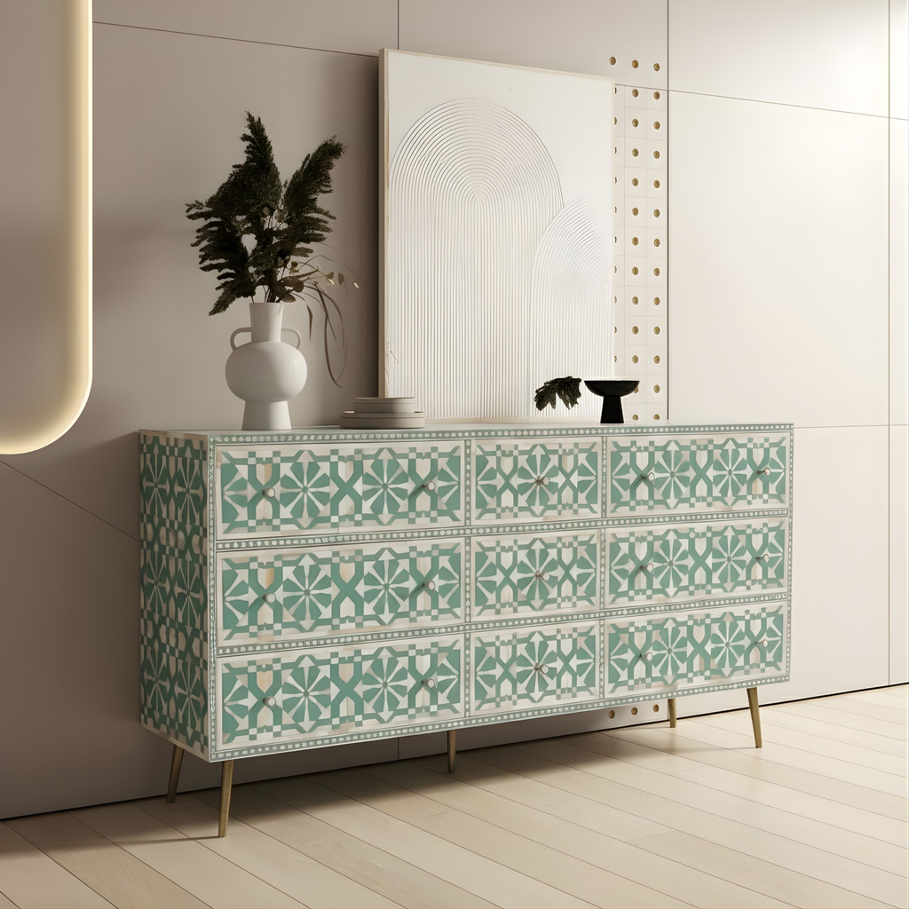 Moroccan Bone Inlay Sage Green 9 Drawers Sideboard / Cabinet