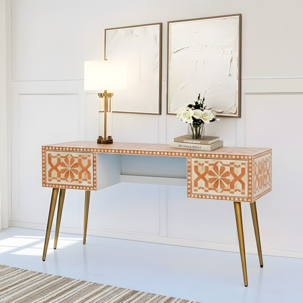 Warli Peach and White Floral Bone Inlay 2-Drawer Office/Home Desk