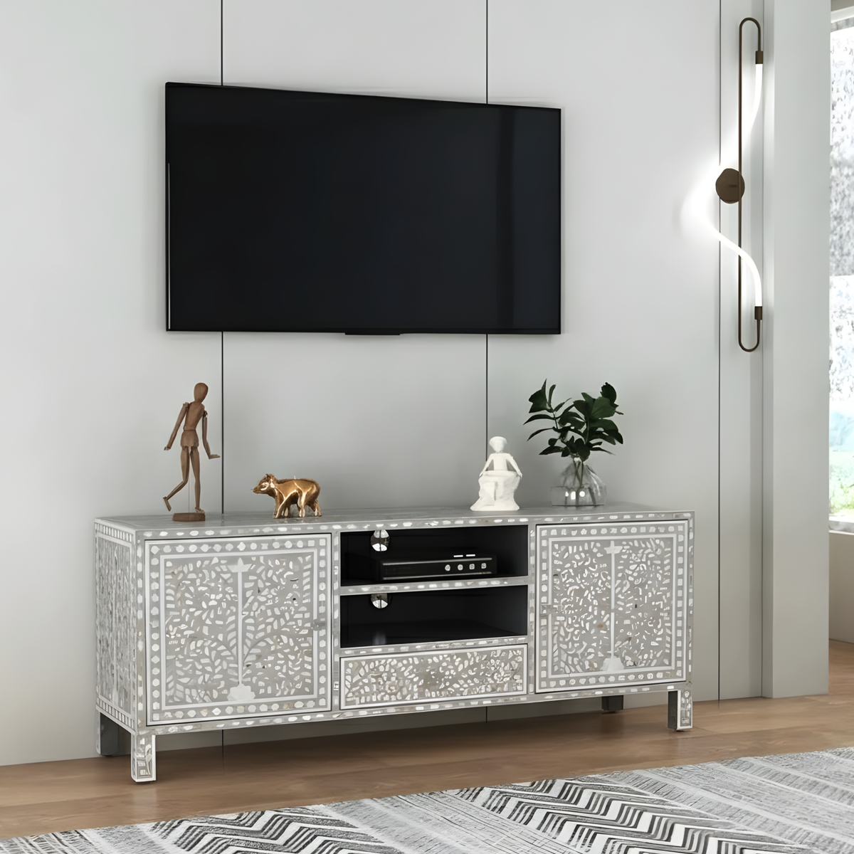 Meher Mother of Pearl inlay 2 Open Shelves and 2 Side Cabinet Media Console