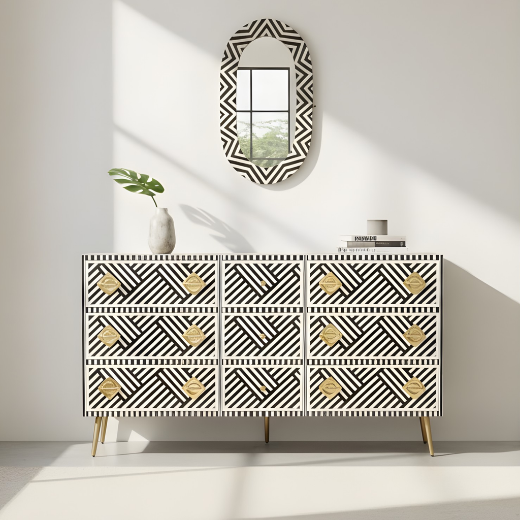 Zardozi Bone Inlay Chest of 9 Drawers Living Rooms, Bedrooms, Hallways