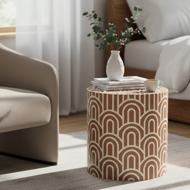 Handcrafted Bone Inlay Round Side / End Table Hover Image