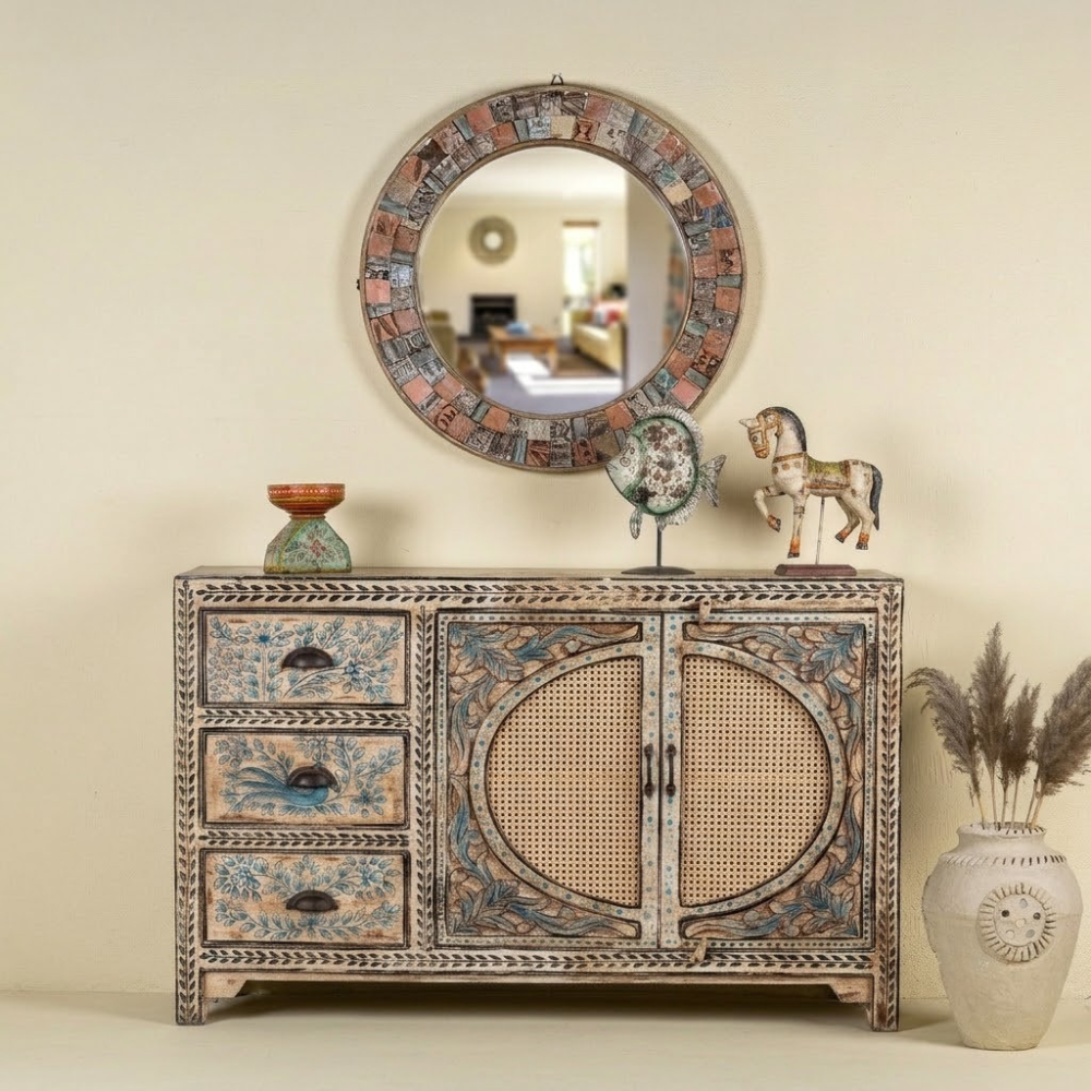 Mandana Handcrafted Bone Inlay & Cane 3-Door Sideboard