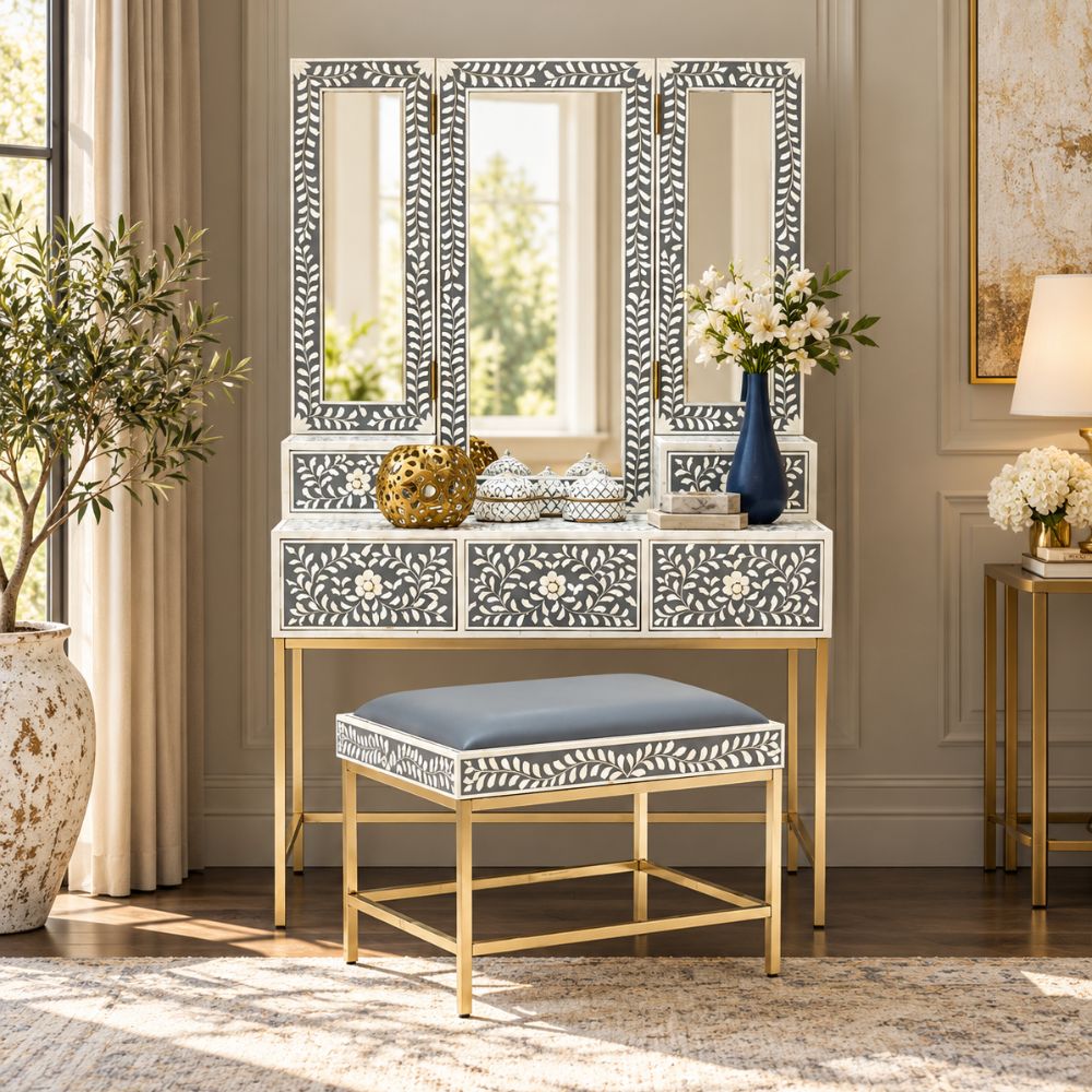 Mandvi Bone Inly Dressing Table with Seating Stool