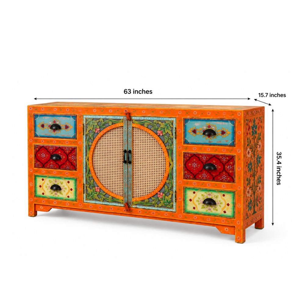Gulnaar Solid Wood Sideboard with Cane Doors and Floral Drawers