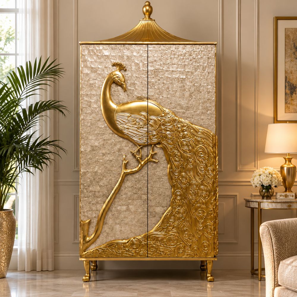 Virasat Handmade Brass Golden Peacock Wardrobe