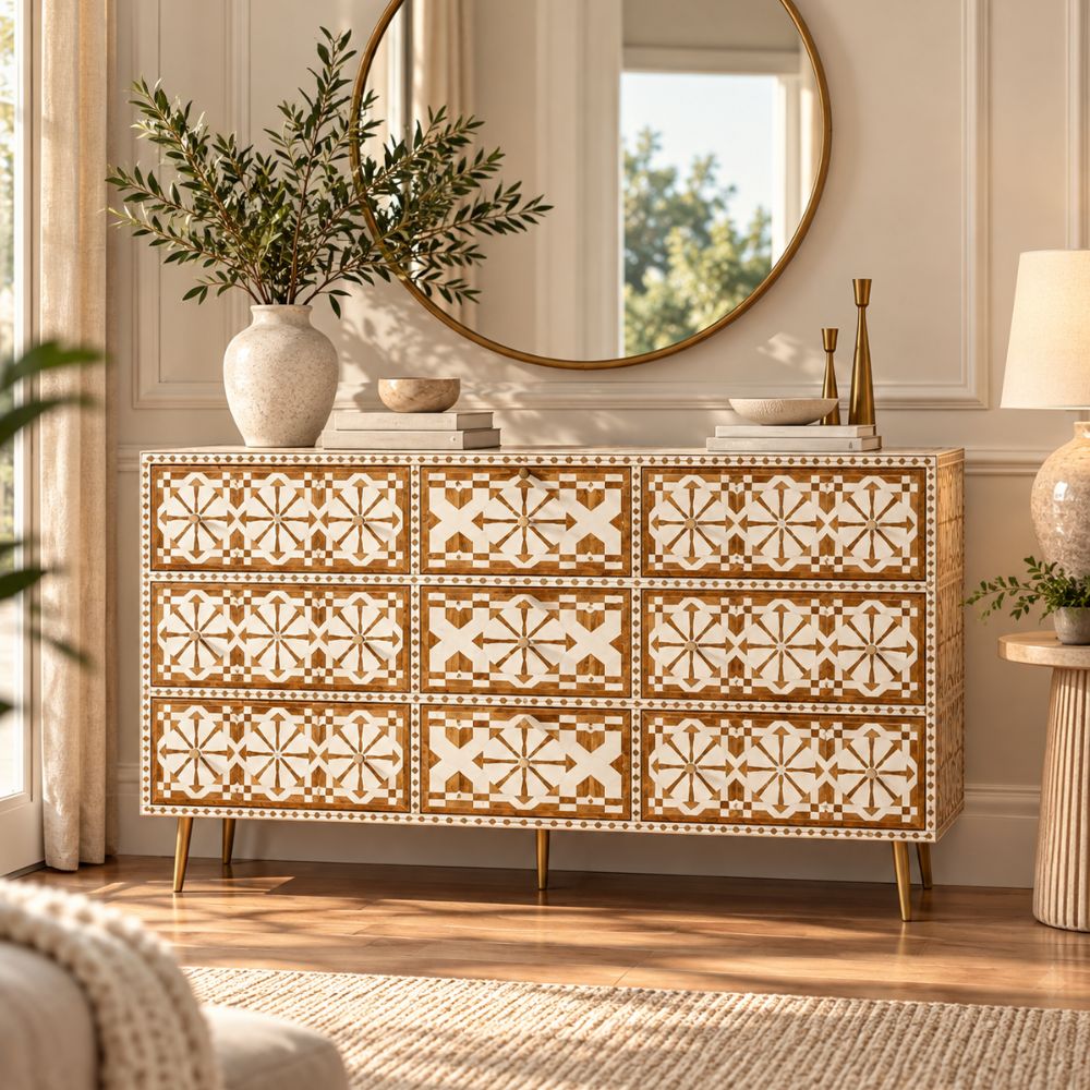 Bone inlay Moroccan Chest of 9 Drawers